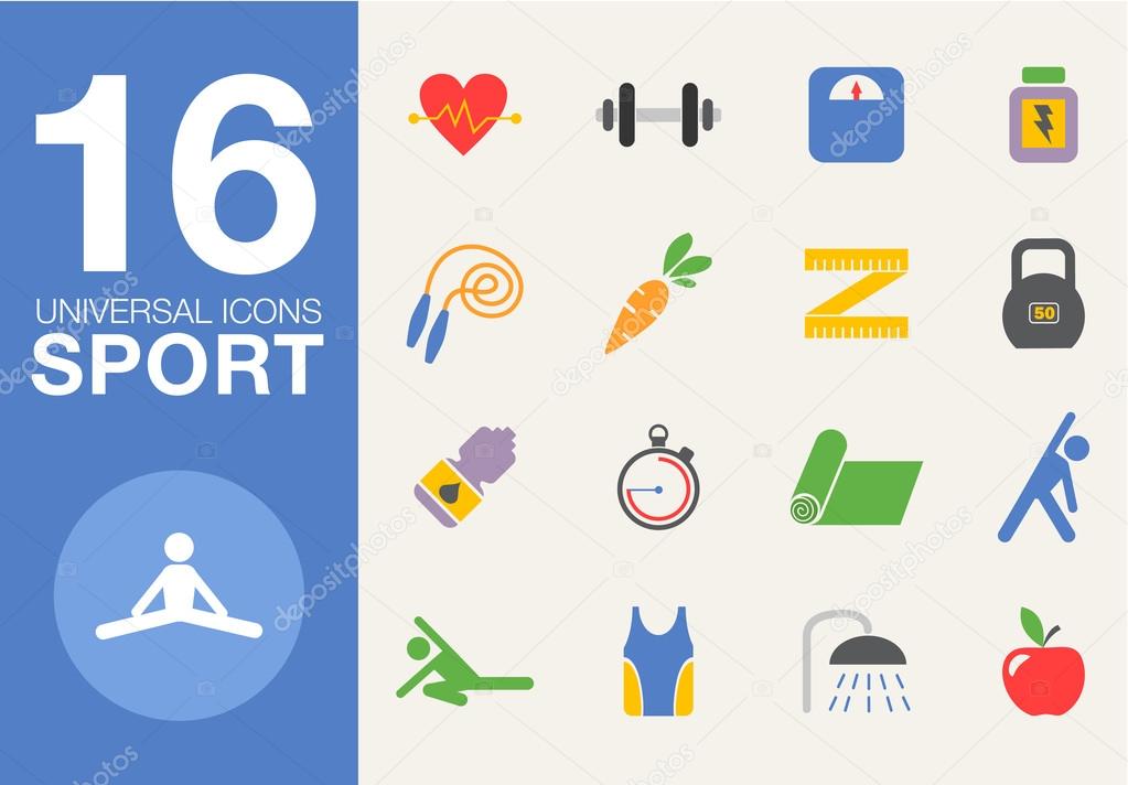 Sport and healthy life concept flat icon set of jogging, gym, food, metrics etc. Isolated vector illustration, modern design element