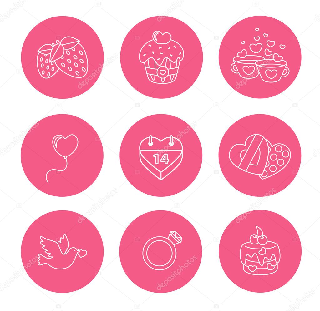 St. Valentine Day icons, thin line style, flat design