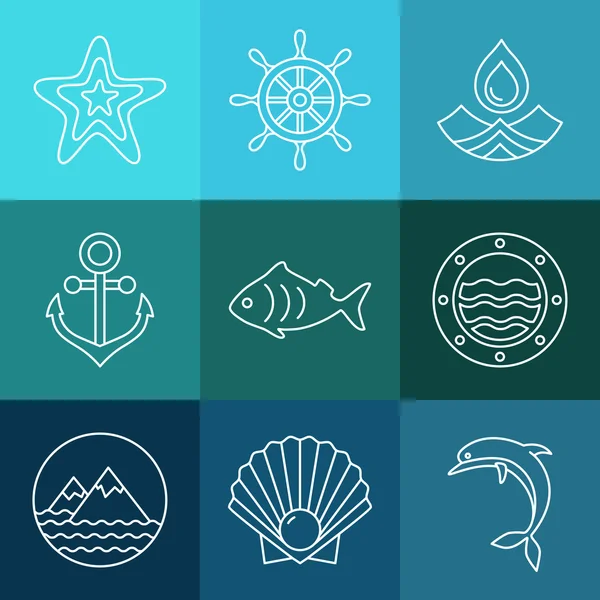 Iconos y logotipos de agua, línea de mar — Vector de stock