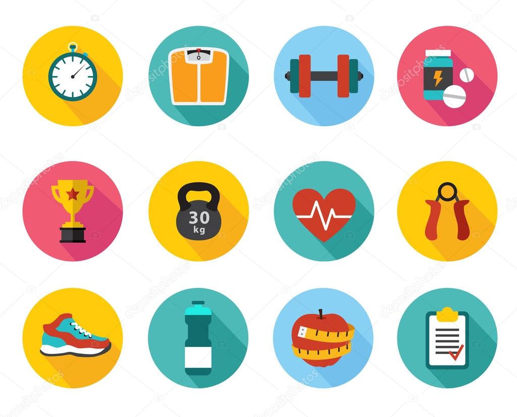 Icons in flat style healthy food and training