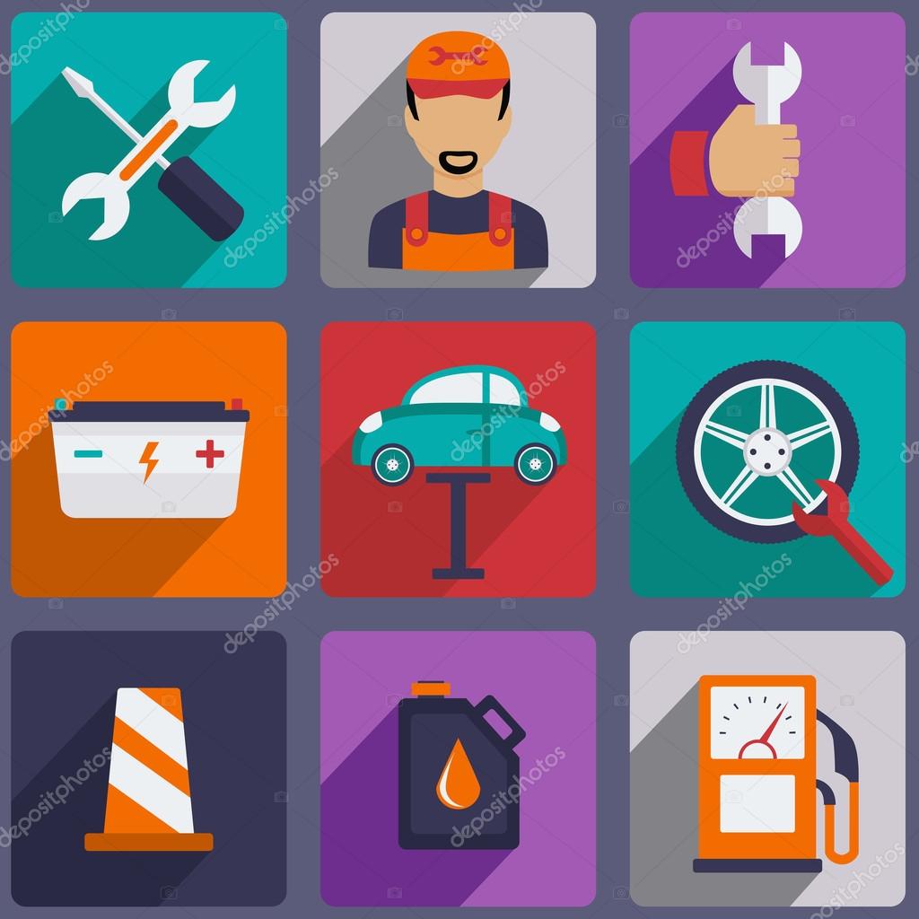 Car repair icons set with mechanic service and garage tools vector illustration