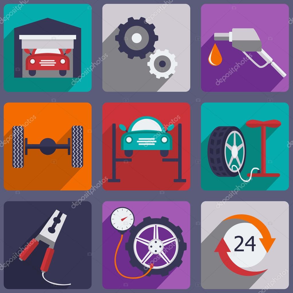 Car repair icons set with mechanic service and garage tools vector illustration