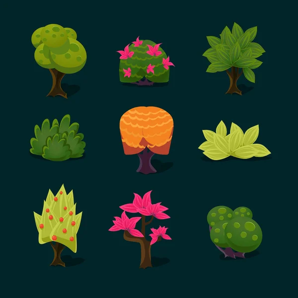 Set of different trees, rocks, grass. Sprites for the game. vector flat ...