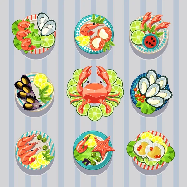 Platos de mariscos en platos — Vector de stock