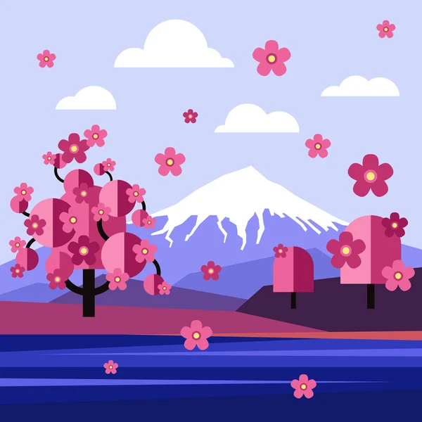 Monte Fuji com flores de cereja — Vetor de Stock