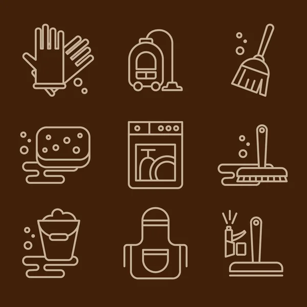 Iconos de limpieza en marrón — Vector de stock