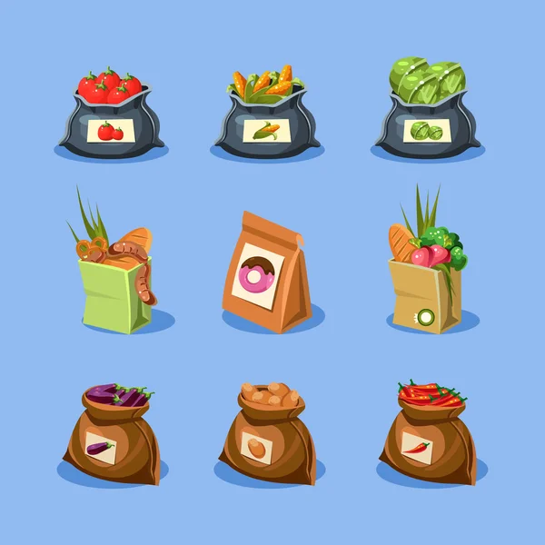 Bolsas de papel de compras con comida — Vector de stock