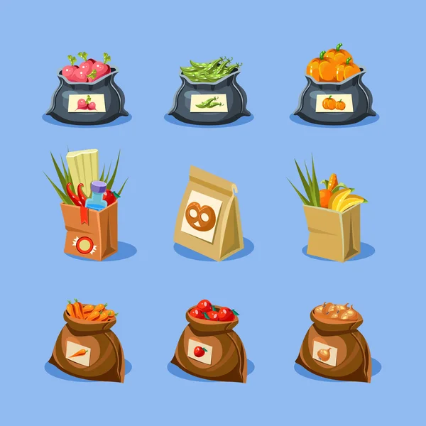 Papieren zakken met voedsel winkelen — Stockvector