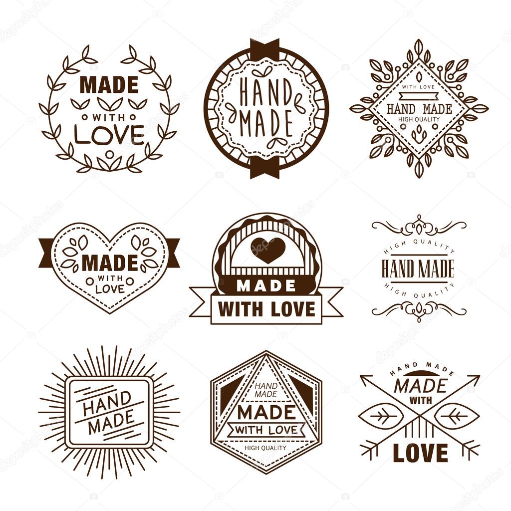 Vector hand made label in outline trendy style - hands icon and text - abstract design elements - logo design template