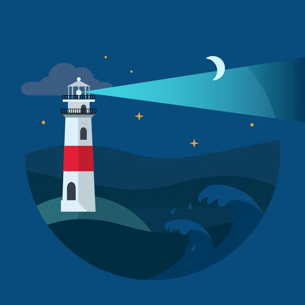 Faro en mar nocturno . — Vector de stock