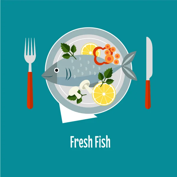Cooked Fish and Raw Vegetables — Stock Vector