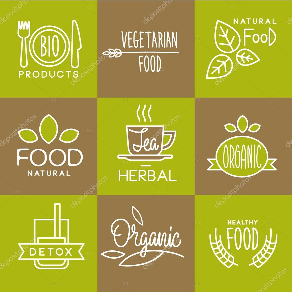 Vector labels in trendy mono line style organic and natural badges for fresh farm products and food packaging of linear emblems and icons