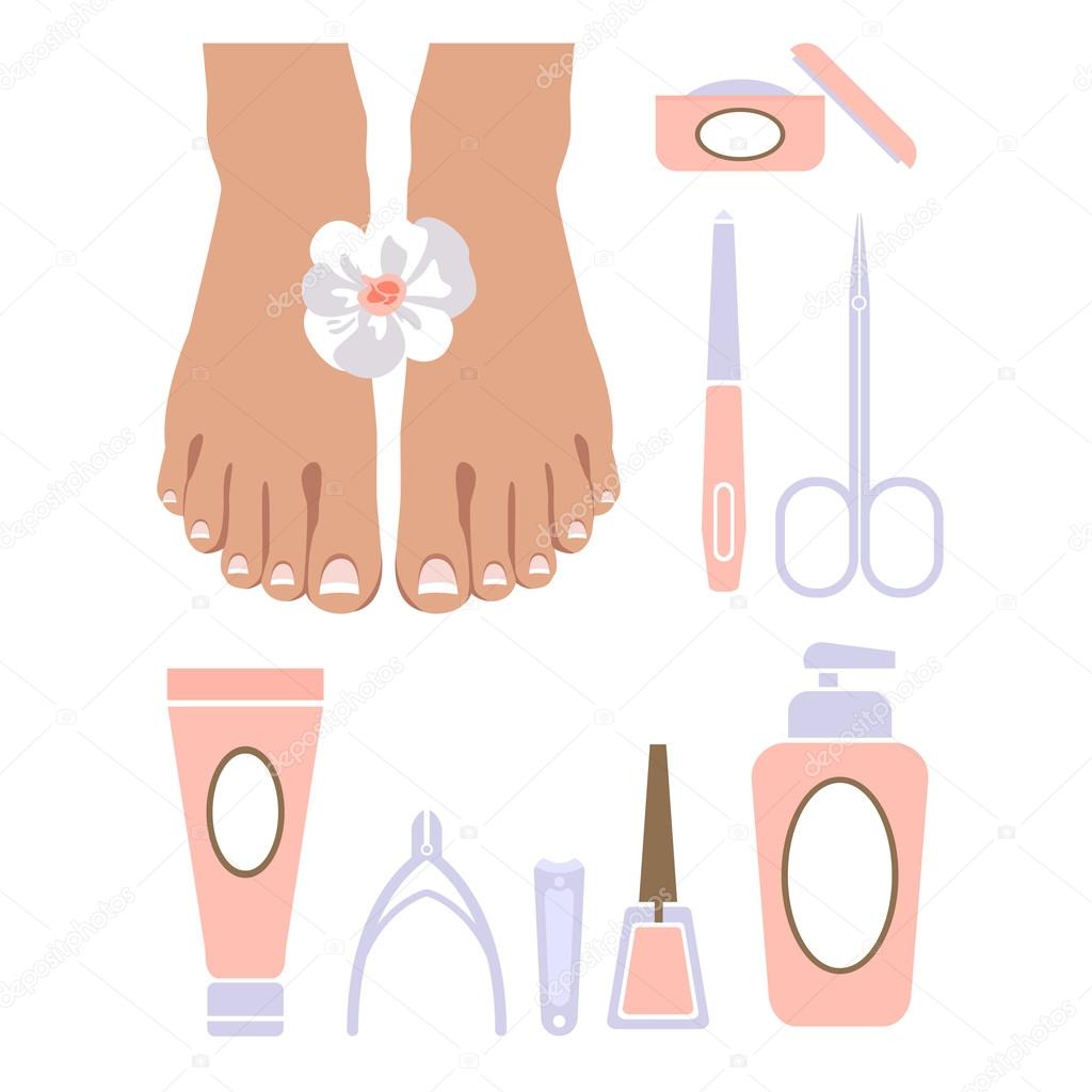 Vector set of pedicure tools, feet, cosmetics, nail polish, and spa pedicure logo.