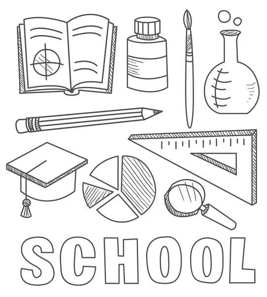 Ritorno a scuola Forniture Sketchy Notebook Doodles con Lettering, Shooting Stars, e vortici disegnati a mano — Vettoriale Stock