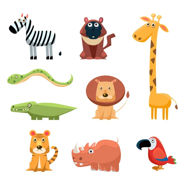 Animaux africains Fun Cartoon Clip Art Collection. Ensemble d'animaux africains enfantins aux couleurs vives — Image vectorielle