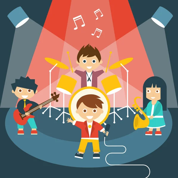 Cuatro niños en una banda de música — Vector de stock