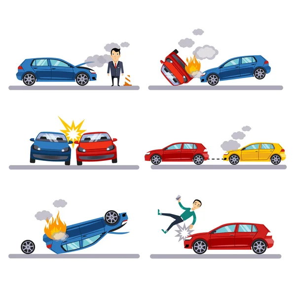 Car accidents set on white — Stock Vector