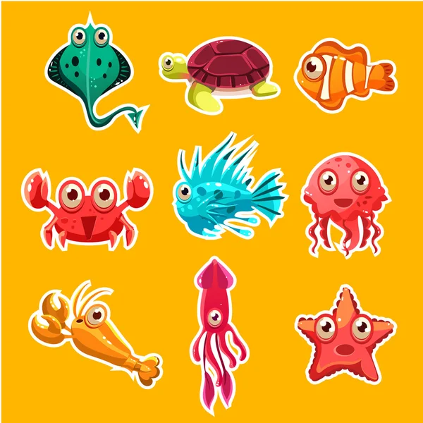 Muchas especies de peces y animales marinos — Vector de stock