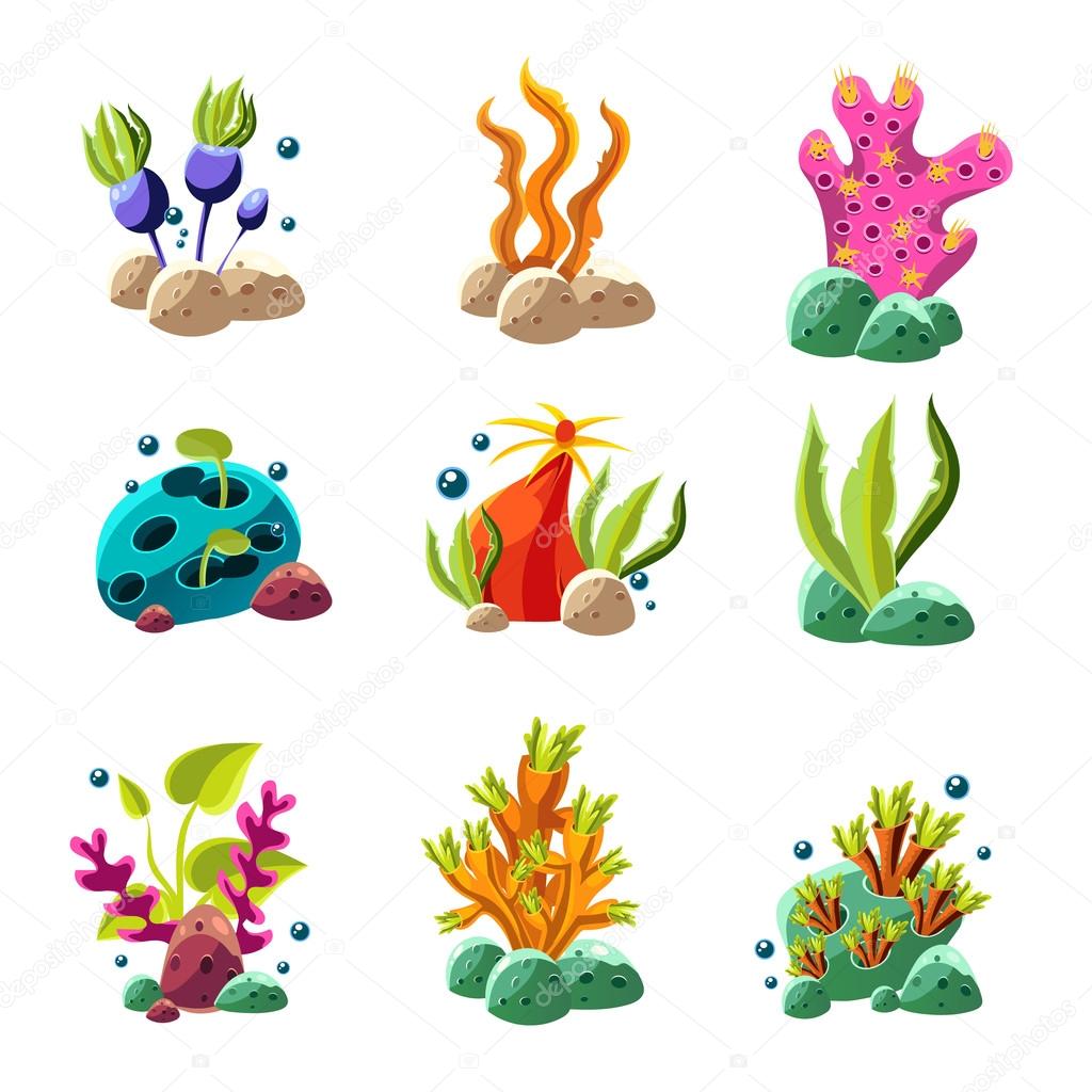 Cartoon underwater plants and creatures