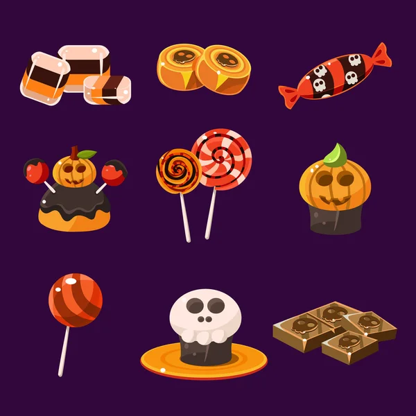 Conjunto de doces de Halloween coloridos e doces — Vetor de Stock