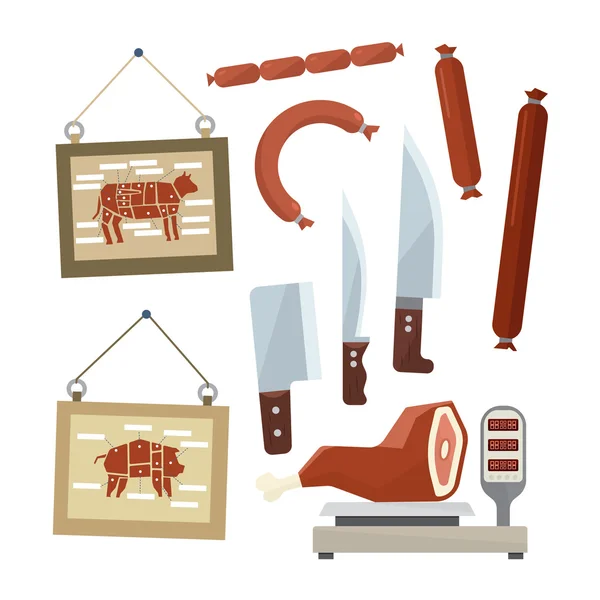 Mięso i rzeźników zestaw ikon — Wektor stockowy