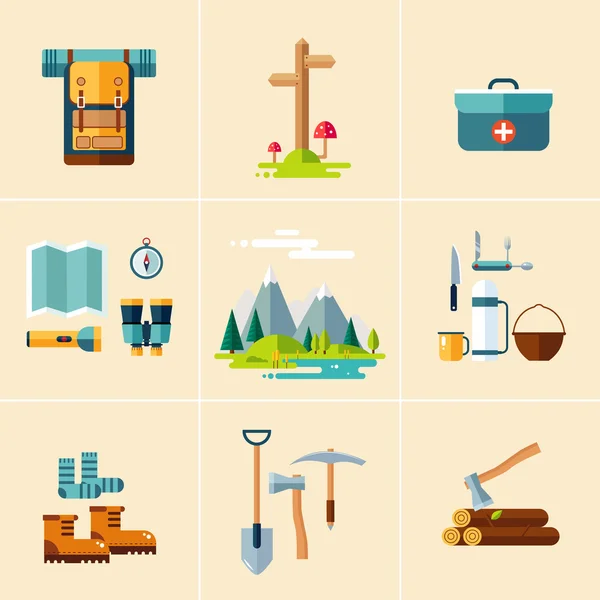 Colección camping elementos de senderismo — Vector de stock