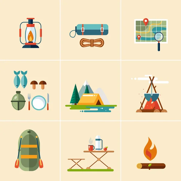 Colección camping elementos de senderismo — Vector de stock