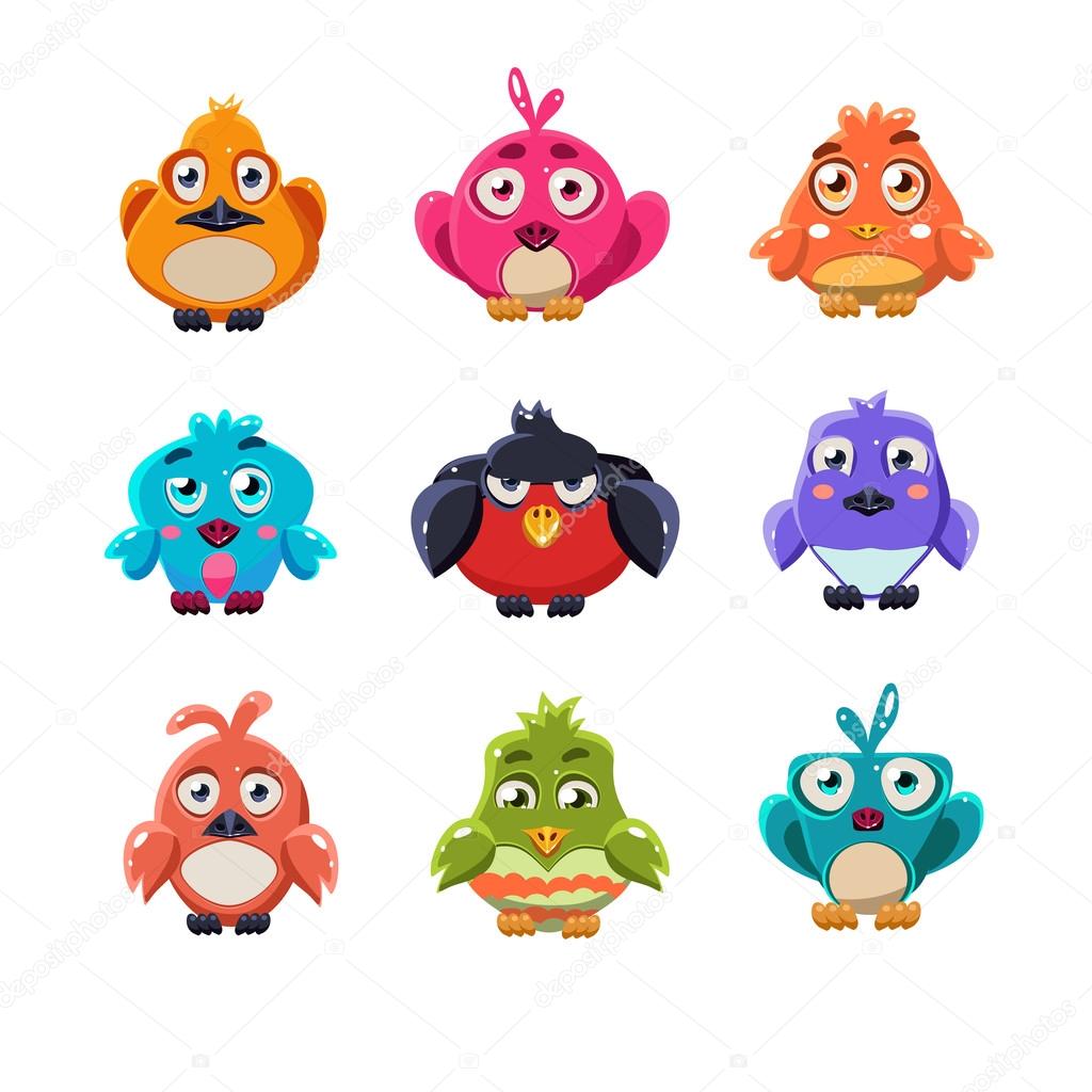 Set of Colorful Cartoon Birds