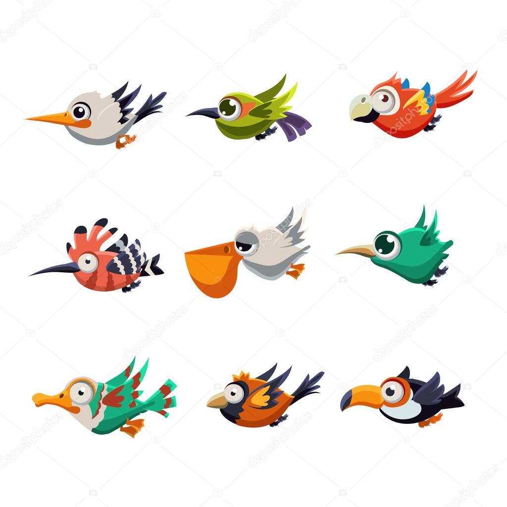 Set of Colorful Cartoon Birds