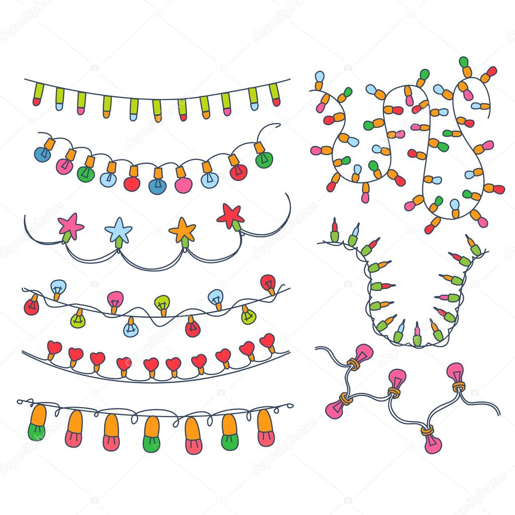 Colorful Garlands and Bulbs Vector Illustration Set