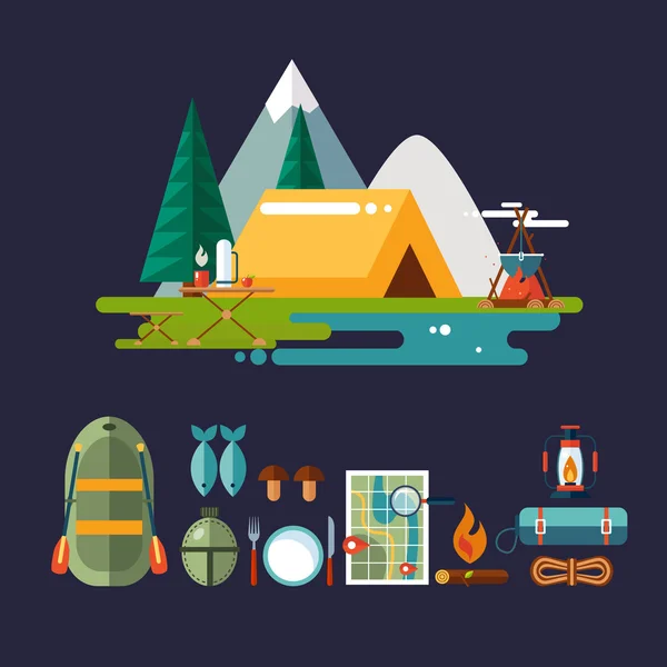 Camping y senderismo iconos. Diseño plano . — Vector de stock