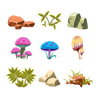 Cartoon Stones, Mushrooms and Bushes Set Vector Illustration clipart