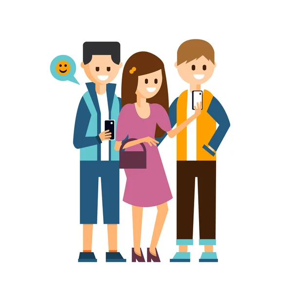 Girl and Boys Making a Selfie, Communicating in Social Media Vector Illustration — Stock Vector