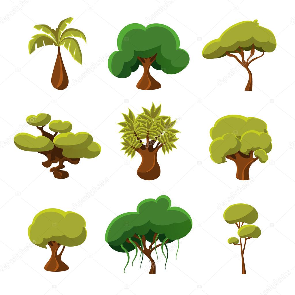 Cartoon Trees, Leaves and Bushes Set Vector Illustration