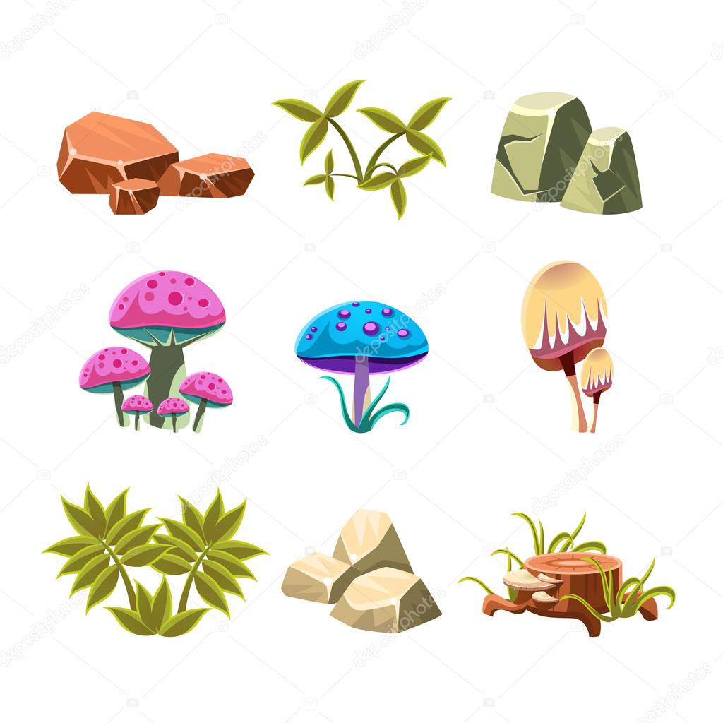 Cartoon Stones, Mushrooms and Bushes Set Vector Illustration