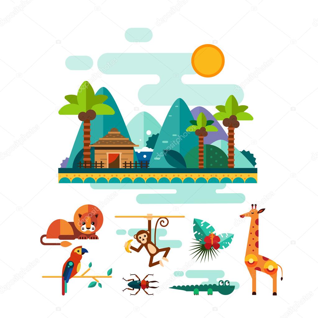 Tropic Animals, Insects and Birds on Jungle Background Vector Illustration Set
