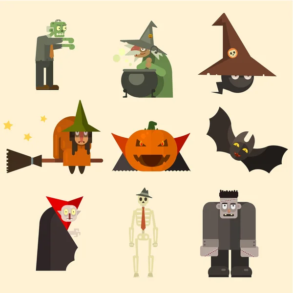 Halloween Characters in Flat Style Vector Illustration — Stock Vector