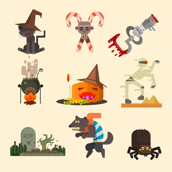 Attributs de Halloween, Personnages dans un style plat, Illustration vectorielle — Image vectorielle