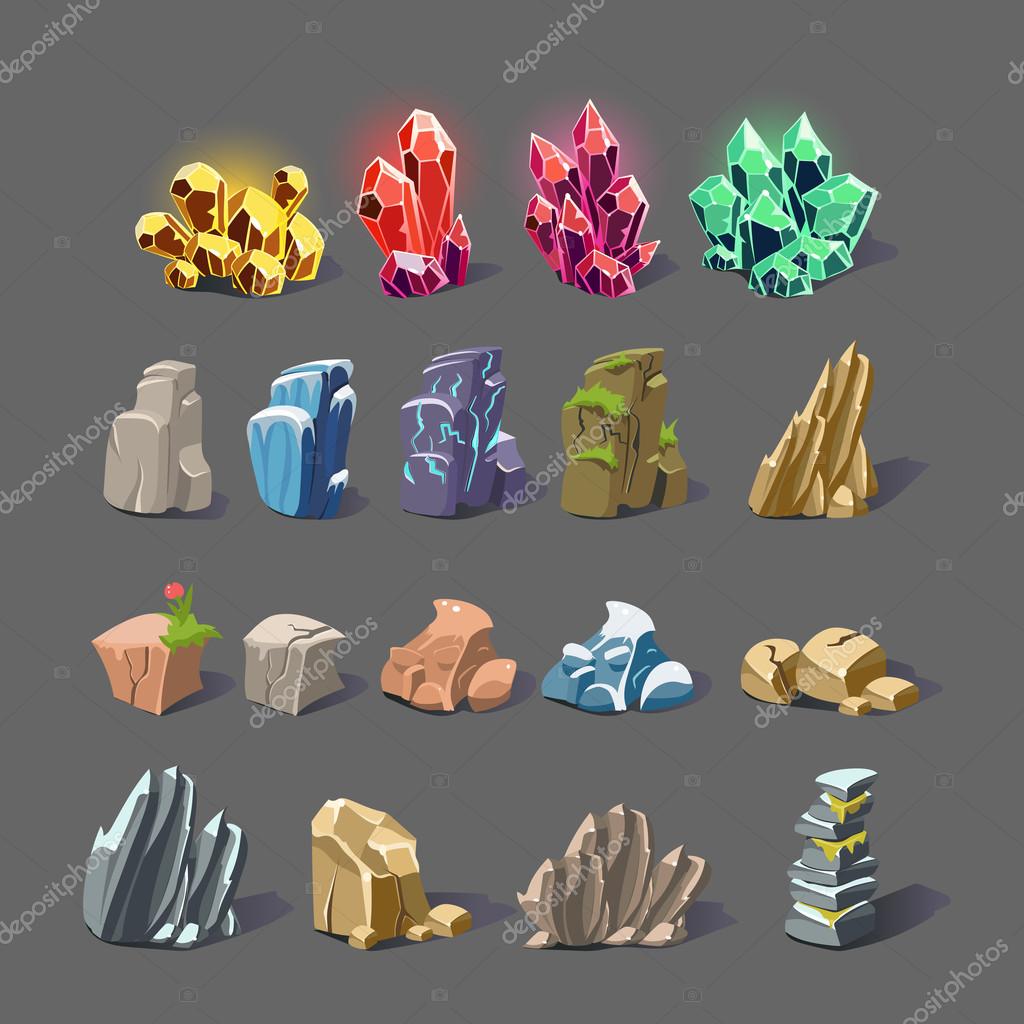 Set of magic crystals, stones, rocks collection of icons vector illustration