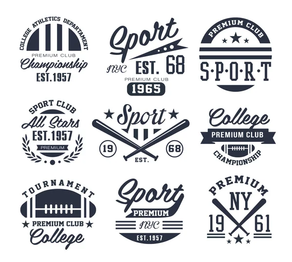 Emblemi sportivi monocromatici, etichette, badge, set illustrazione vettoriale loghi — Vettoriale Stock