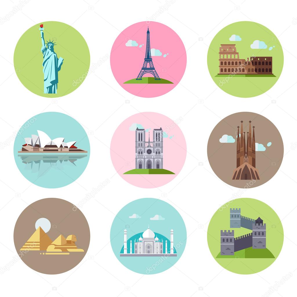 National Sights and Landmarks Vector Illustration Set in Flat Style
