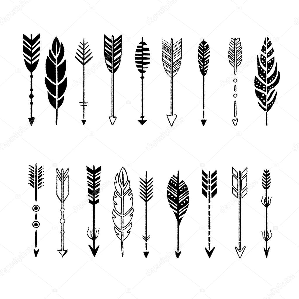 Set of black and white arrows, hand-drawn design elements, vector illustration collection