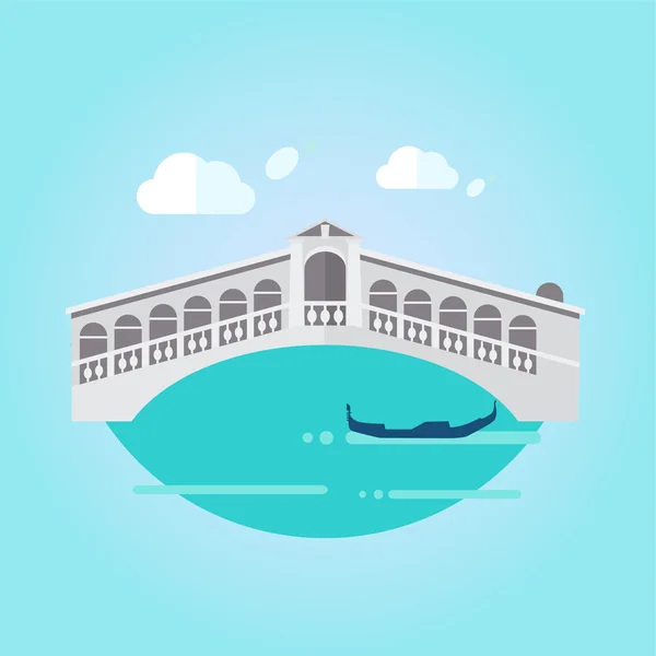 Puente y barco de Venecia en estilo plano — Vector de stock