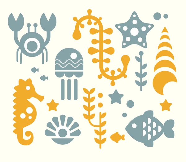 Sea Inhabitants and Plants Vector Illustration Set in Flat Style — Stock Vector