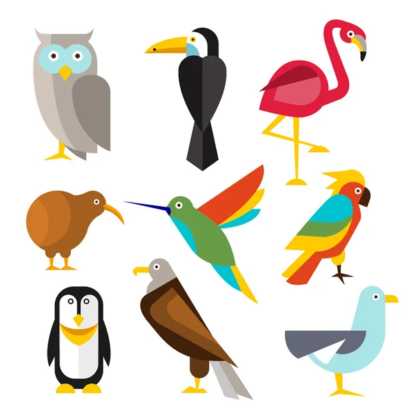 Set of Wild Arctic, Forest and Tropical Birds in Flat Style — Stock Vector