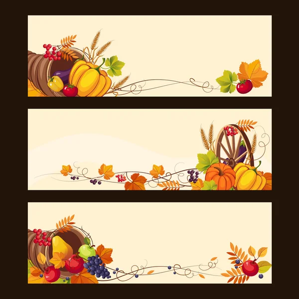 Podzimní bannery s zralé zeleniny, ovoce a listy, vektorové ilustrace — Stockový vektor