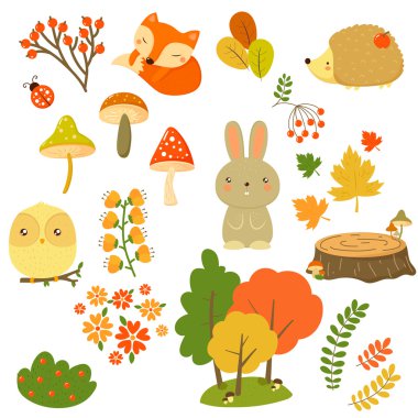 Sonbahar orman bitki ve hayvan, düz stil vektör çizim