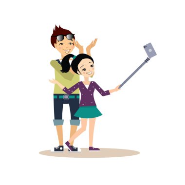 Genç bir çift bir Selfie alarak. Düz stil vektör çizim