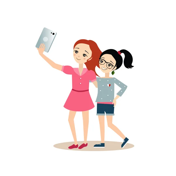 Girls Taking Selfie with Tablet. Vector Illustration in Flat Style — Stock Vector