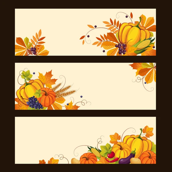 Banners de otoño con verduras maduras, remolinos y hojas, ilustración vectorial — Vector de stock